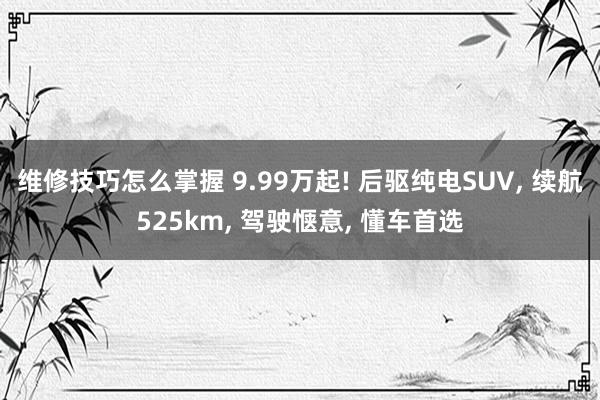 维修技巧怎么掌握 9.99万起! 后驱纯电SUV, 续航525km, 驾驶惬意, 懂车首选